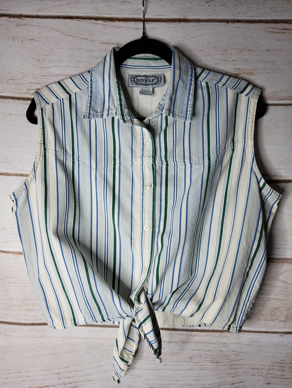 Bonjour Striped Tie-Front Sleeveless Button-Down Shirt in White, Blue & Green